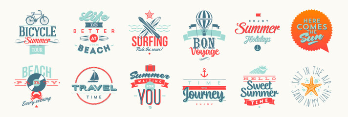 Set of summer holidays, travel and vacation retro emblems and logo. Type design, Vector illustration. - 779773005