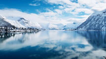 A cold and crisp image of a pristine icy fjord with glacial peaks and icy water