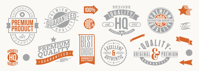 Set of quality and guaranteed signs, emblems and labels.  Vector illustration.