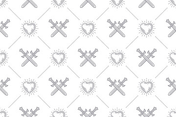 Seamless background with crossed swords and sunburst heart - pattern for wallpaper, wrapping paper, book flyleaf, envelope inside, etc. Vector illustration.