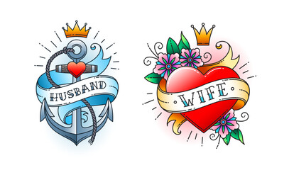 Set of Classic tattoo. Heart with flowers and ribbon with the word wife. Anchor with rope and ribbon with the word husband. Classic old school American retro tattoo. Vector illustration. - 779773030