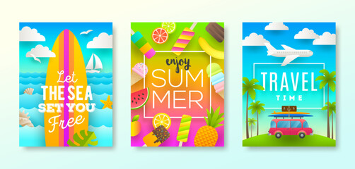 Set of tropical vacation and summer holidays design for posters or greeting card. Vector illustration. - 779773042