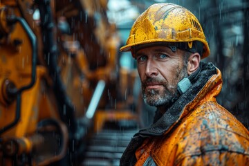 Portrait of a mature construction worker in safety gear with a determined expression in the rain - obrazy, fototapety, plakaty