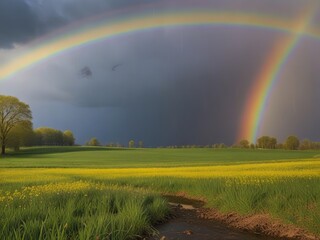 Naklejka premium rainbow over field