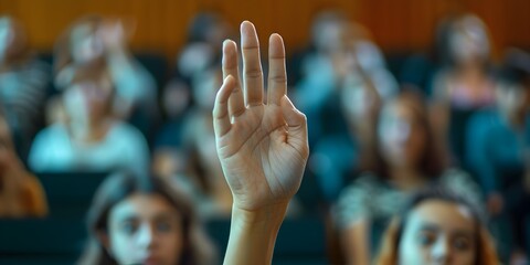 Raised Hand in Lecture Hall Symbolizing Curiosity and Engagement