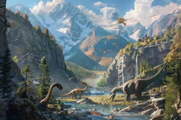 Prehistoric creatures roaming the mountainous landscape with a river and soaring birds in the sky