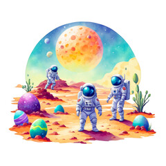 Astronauts exploring planet with flowing easter eggs, colorful, easter day, watercolor illustration, clipart, isolated