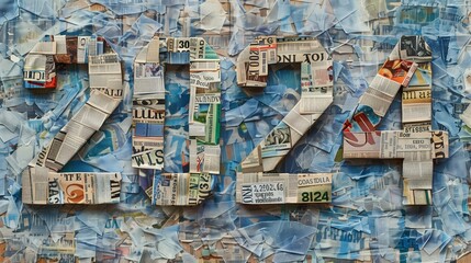 Newspaper letters forming the word '2024' on a shredded blue paper collage