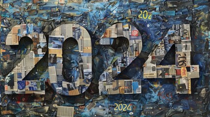 Complex collage artwork with numbers '2024' made from newspaper clippings
