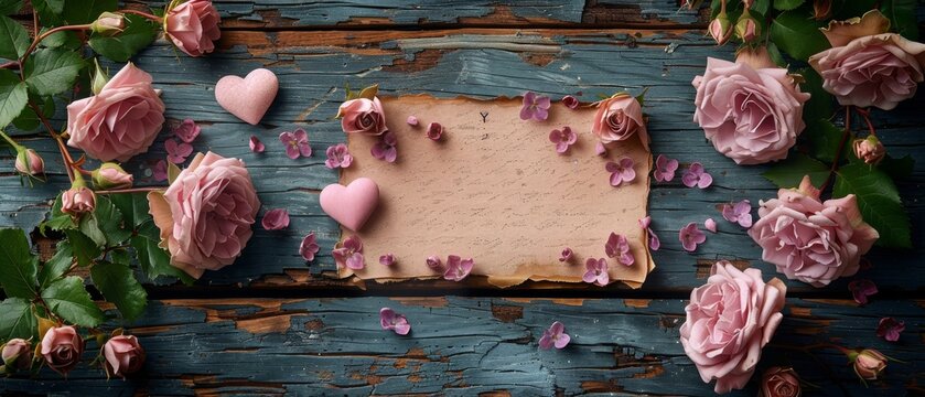 On shabby wooden planks in rustic style are lilac flowers and roses with a paper card for the text and heart