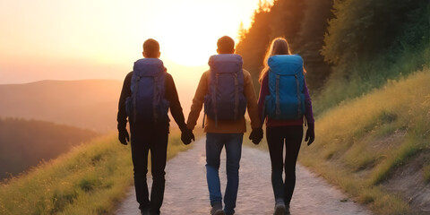Three friends wearing backpacks are hiking up a steep hill together - Powered by Adobe