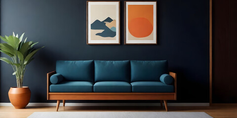 A living room featuring a blue couch against a wall with paintings hanging above it. The room is well-lit, showcasing the modern and cozy decor. 
