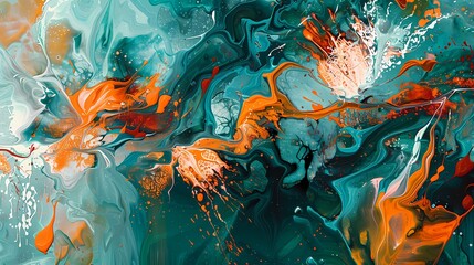 Fototapeta na wymiar Teal green and coral orange collide in a tropical-inspired abstract artwork, evoking the spirit of a lively underwater world.