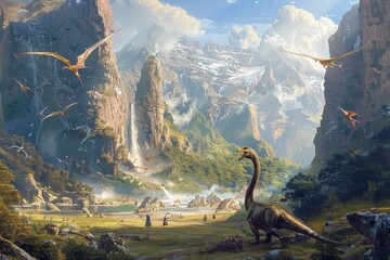 Prehistoric scene with dinosaurs in a lush valley with soaring mountains and birds in the sky