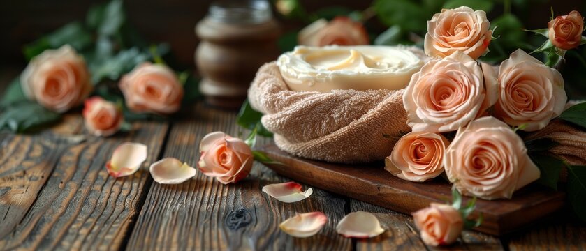 An image of a spa salon with roses and cream on a wooden board and a towel