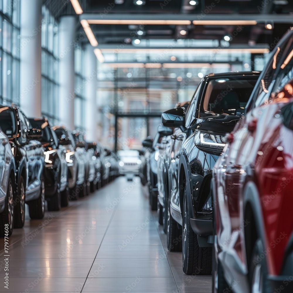 Poster a wide shot of rows of cars neatly lined up in a showroom.