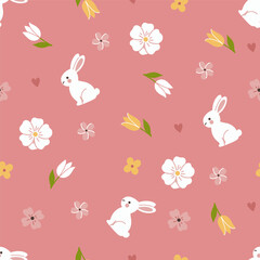 Simple spring seamless pattern with bunnies and flowers. Vector graphics - obrazy, fototapety, plakaty