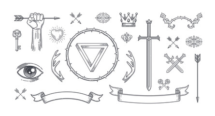 Set of tattoo style line art heraldic elements. Vector illustration.