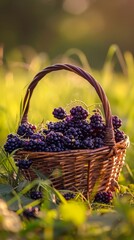 Fototapeta na wymiar A handcrafted wicker basket brimming with luscious, jewel-toned blackberries, showcased against a backdrop of glowing, sun-dappled foliage.