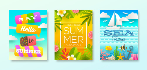 Set of tropical vacation and summer holidays design for posters or greeting card. Vector illustration. - 779774649