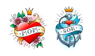 Set of Classic tattoo. Heart with flowers and ribbon with the word mom. Anchor with rope and ribbon with the word son. Classic old school American retro tattoo. Vector illustration. - 779774660