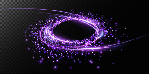 Magic fantasy portal. Round light frame, with small particles of dust, futuristic teleport. Blue, purple, neon lights illuminate the night scene with sparkles on a transparent background. Light effect