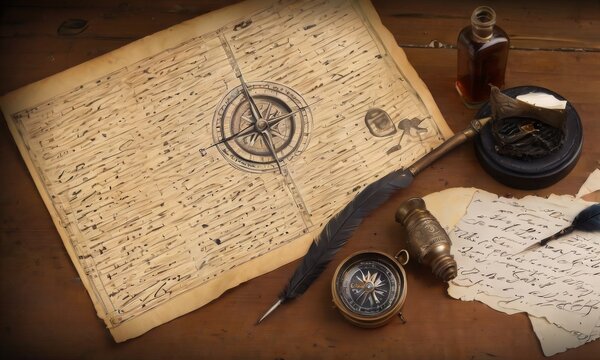 This still life captures cartography tools beside a compass on a well-used map, indicative of historical navigation and map-making techniques. AI generation