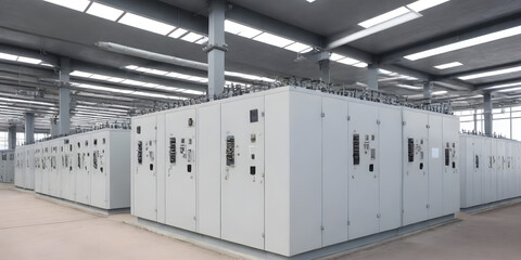 A row of power lines running parallel to each other, with metal poles standing tall to support the electrical transmission cables