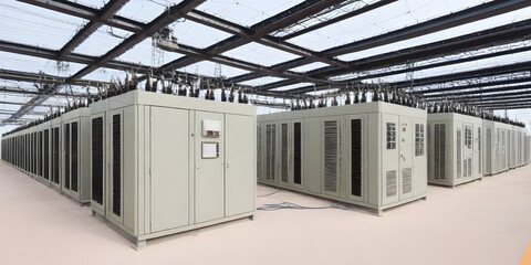 A row of power lines running parallel to each other, with metal poles standing tall to support the electrical transmission cables