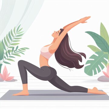 Young woman practices yoga Physical and spiritual practice Vector illustration Young girl doing yoga practice isolated on white background