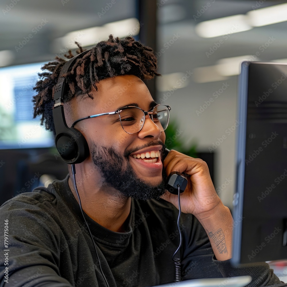 Poster An employee working on a customer support ticket, resolving issues over the phone. 