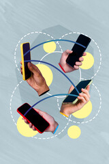 Vertical collage picture of people arms hold smart phone screen connection chatting isolated on...