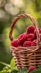 Golden hour light kisses a full basket of vibrant raspberries, nestled amongst verdant leaves in a garden setting.