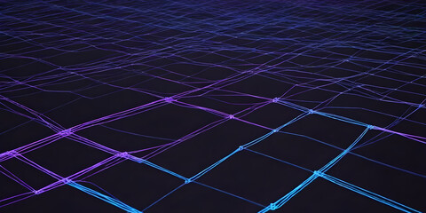 Blue background with intersecting lines and dots in various sizes and arrangements. Digital Technology Concept