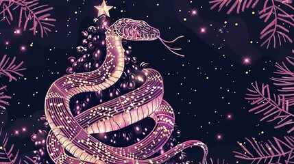 A stylized, celestial snake illustration against a starry night background