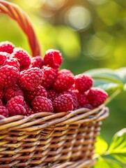 A warm, golden-hued wicker basket brimming with a vibrant harvest of ruby-red raspberries, surrounded by lush, verdant foliage.