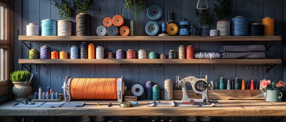 The wooden shelf features a set of thread reels, centimeter, fabric, thimble and scissors, seam ripper, toothed wheel, needle and pins for sewing and needlework. - obrazy, fototapety, plakaty