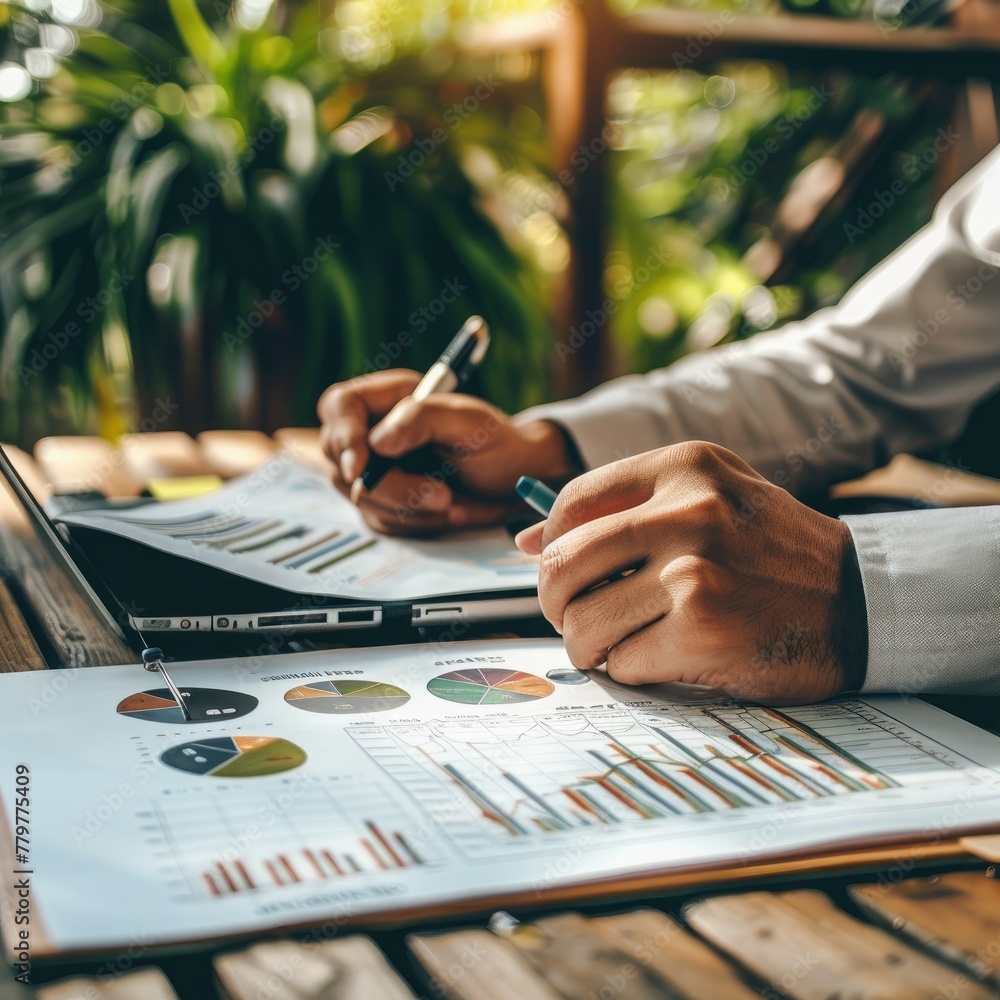 Poster An employee working on a market analysis report, gathering data and creating charts. 