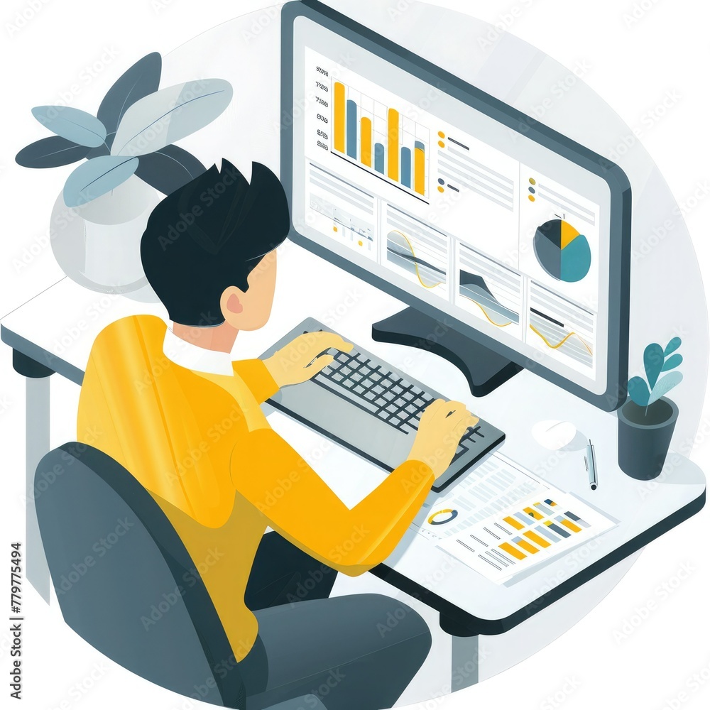 Poster An employee working on a market analysis report, gathering data and creating charts.