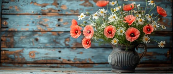 Clay jug with daisy and poppies on provencal wood plank background. - obrazy, fototapety, plakaty