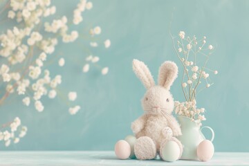 Easter Bunny with Colorful Eggs on Blue Background for Easter Holiday Celebration Concept