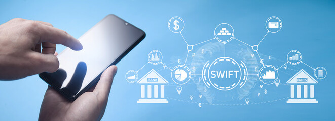 Concept of SWIFT.  Financial technology. Banking. Payment system