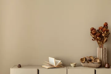 Gardinen Minimalist composition of living room interior with copy space, simple beige sideboard, vase with dried flowers, books and personal accessories. Home decor. Template. © FollowTheFlow
