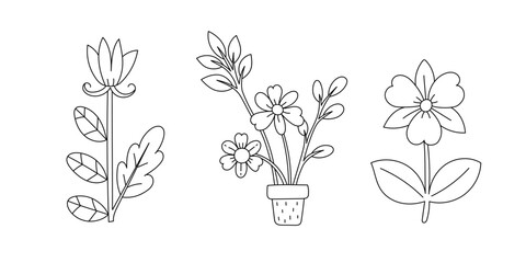 Kawaii line art coloring page for kids. Kindergarten or preschool coloring activity. Cute flowers vector illustration - 779775868