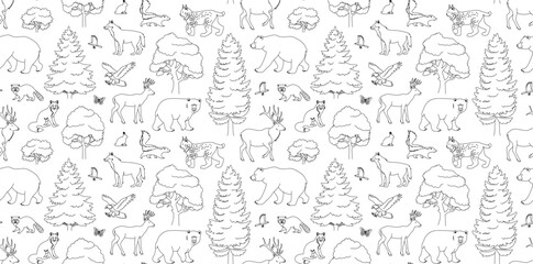 Forest animal vector seamless pattern. Coloring page design. Animals and trees line art illustration. Black and white outline wallpaper.