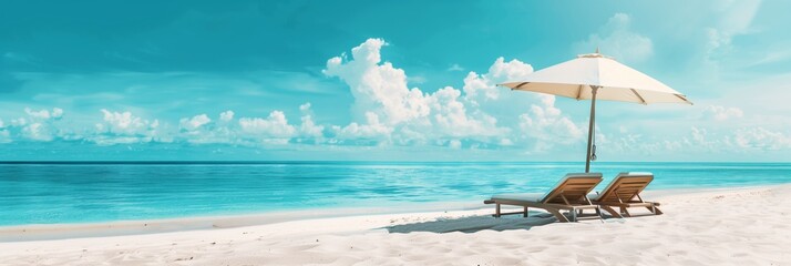 Tranquil beach with sun loungers and parasol against a clear blue sky