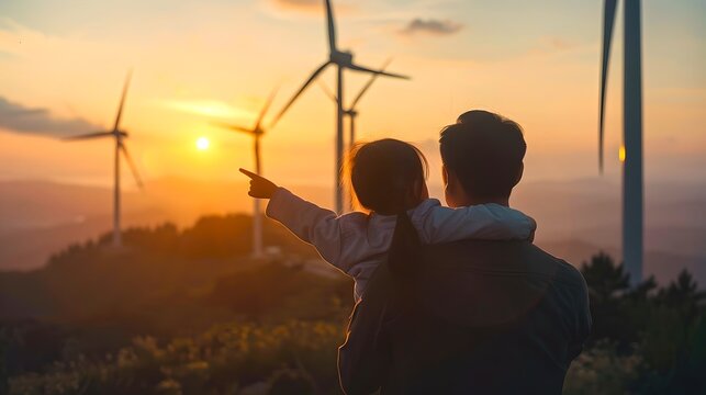 Father and child enjoying a sunset near wind turbines, depicting renewable energy and family bonding. A serene, sustainable lifestyle moment captured. Environmentally-friendly future visualized. AI
