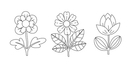 Kawaii line art coloring page for kids. Kindergarten or preschool coloring activity. Cute flowers vector illustration - obrazy, fototapety, plakaty