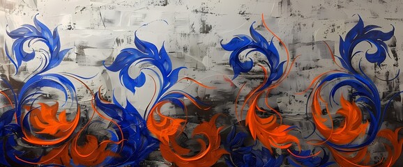 Tangerine tendrils dancing over a canvas painted in gradients of royal blue and steel gray. - obrazy, fototapety, plakaty
