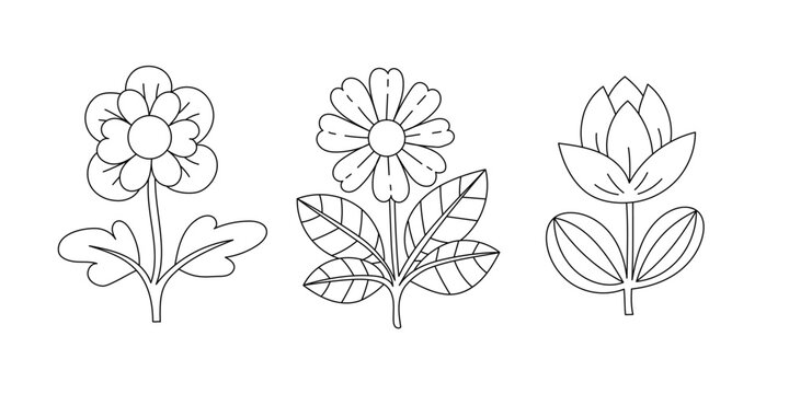 Kawaii line art coloring page for kids. Kindergarten or preschool coloring activity. Cute flowers vector illustration